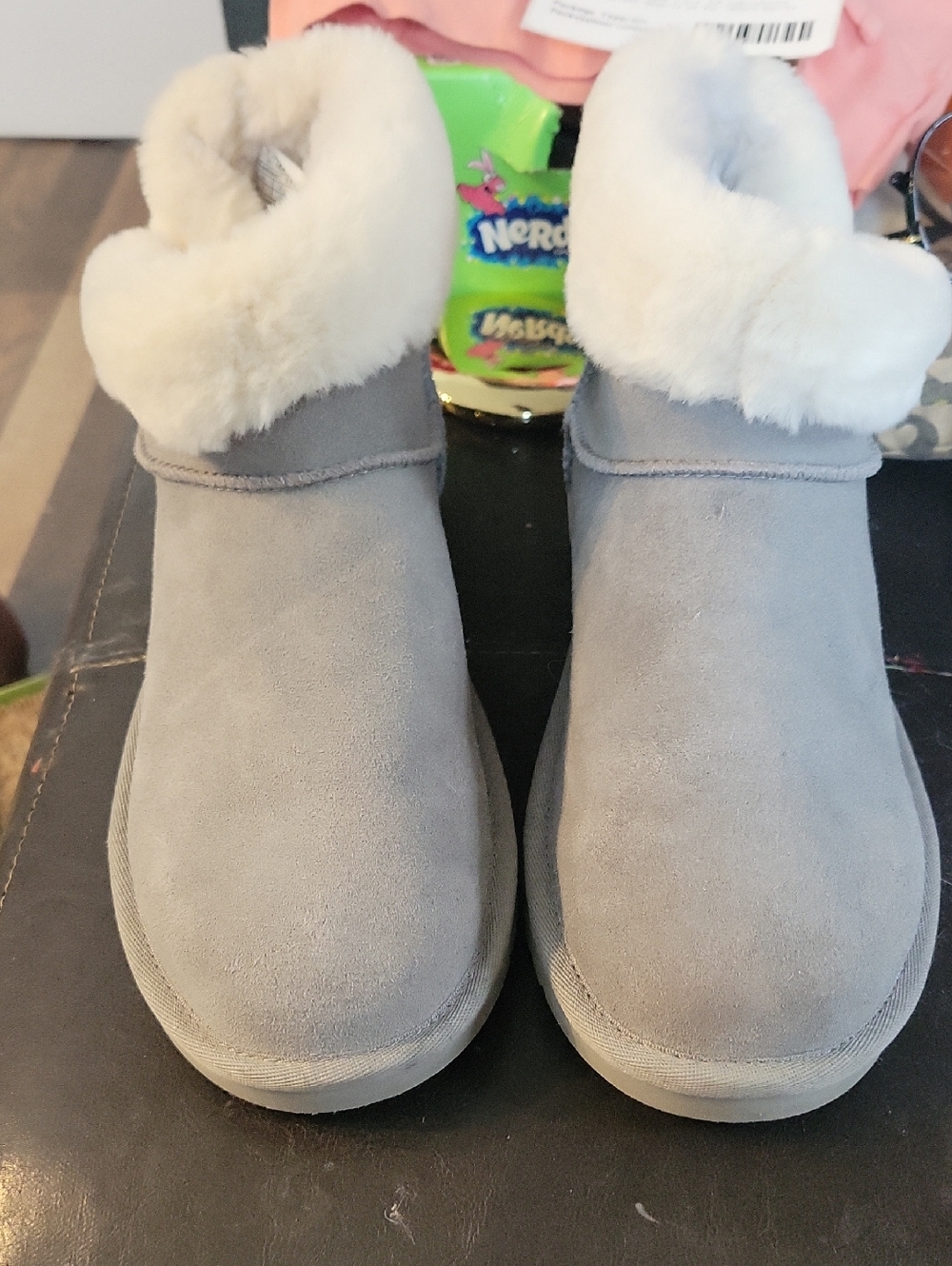 Koolaburra Gray Suede Shearling Cuff Ankle Boots. Worn Once